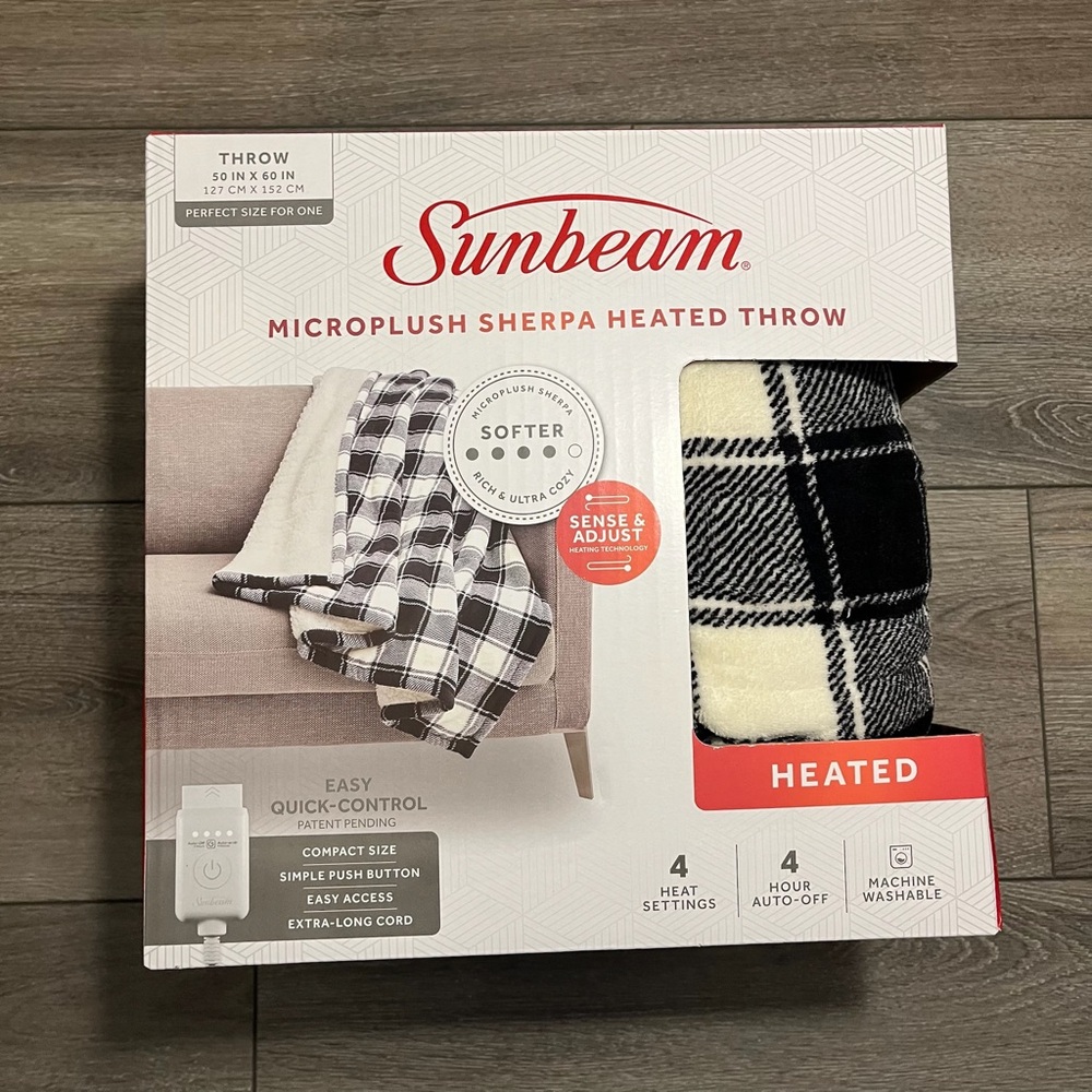 Sunbeam Microplush Sherpa Heated Throw - Black and Cream